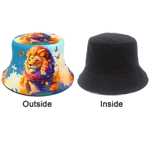 Detailed view of reversible lion print bucket hat with inside black design side