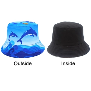 Macro detail of reversible bucket hat showing blue ocean print and plain black interior