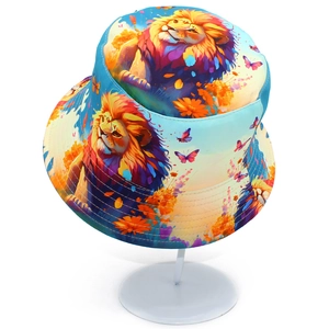 Double-sided bucket hat with vibrant lion and butterfly art print for men and women