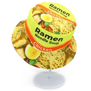 Funny yellow ramen noodle print bucket hat for men and women with creative food graphics