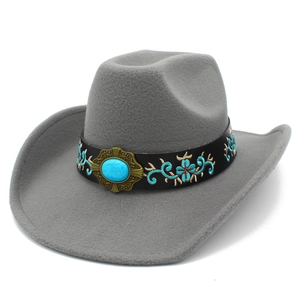 Grey wool felt western cowboy hat with ethnic floral embroidery and turquoise stone detail