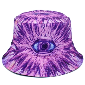 Detailed view of the purple psychedelic eye pattern on this stylish bucket hat