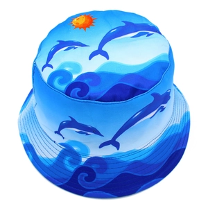 Detail of blue sun hat with ocean wave and dolphin print for summer beach outdoor activities