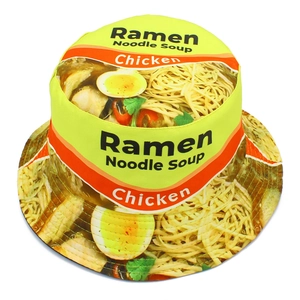 Creative yellow bucket hat featuring realistic ramen noodle soup and chicken prints