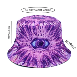 Detailed size chart of purple bucket hat with evil eye pattern and 56-58cm head measurement