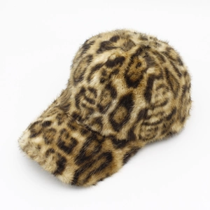 Detailed view of plush faux fur texture and leopard pattern on a stylish baseball cap