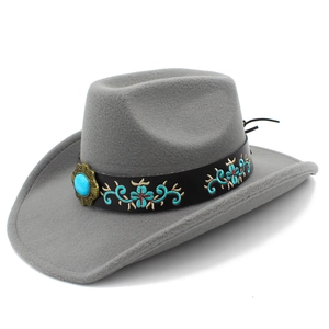 Detail of grey felt cowboy hat featuring ethnic embroidery and blue turquoise stone