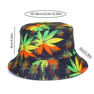 Detailed view of colorful leaf print sun hat showing 6cm brim and 9cm height measurements