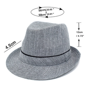 Detailed dimensions of grey fedora straw hat with measurement annotations and size chart