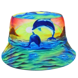 Unisex ocean dolphin print bucket hat for summer beach travel and outdoor sun protection