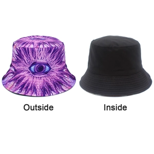 Detail of reversible bucket hat showing purple eye print outside and solid black inside