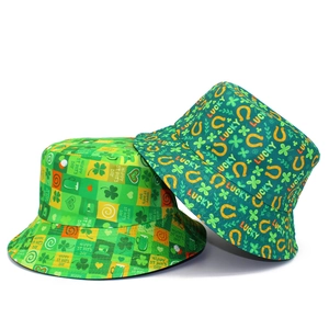 Cotton St. Patrick's Day Bucket Hat Green Shamrock Lucky Horseshoe Pattern Fisherman Cap Festival Party Outdoor Sunshade