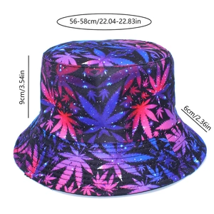 Detailed size chart for colorful maple leaf bucket hat with height and brim measurements