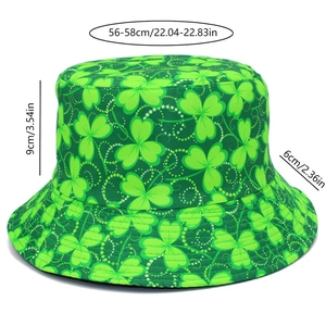Detailed dimensions of St. Patrick's Day bucket hat with green shamrock print patterns