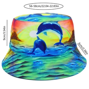 Dolphin print bucket hat size chart showing 56-58cm circumference and 9cm depth