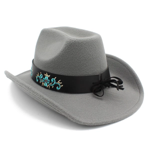 Close-up of gray wool felt cowboy hat featuring intricate floral embroidery on hatband
