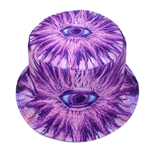 Detail of purple psychedelic eye print on a stylish hip-hop fisherman bucket hat fabric