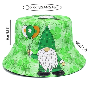Detailed size chart of St. Patrick's Day bucket hat with green shamrocks and gnome print