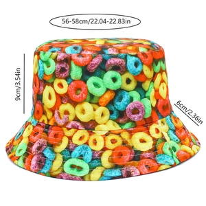 Detail view of colorful cereal pattern bucket hat with size labels 56-58cm for daily wear