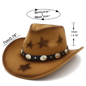 Brown suede western cowboy hat with star patterns and size dimensions guide