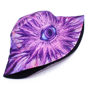 Close-up of surreal purple psychedelic eye pattern on a street style bucket hat
