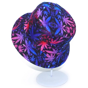 Reversible bucket hat featuring colorful galaxy maple leaf print for outdoor sun protection