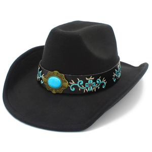 Black wool felt western cowboy hat with ethnic floral embroidery and turquoise stone