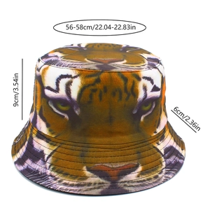 Detailed sizing chart for tiger print bucket hat with brim width and crown height info