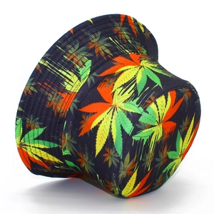 Double-sided sun bucket hat with colorful maple leaf print for outdoor sun protection
