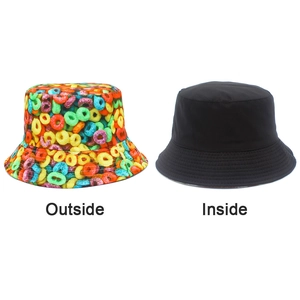 Detail showing the reversible design with colorful donut print and solid black lining
