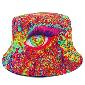 Psychedelic eye pattern bucket hat with vibrant surrealist art print for street fashion