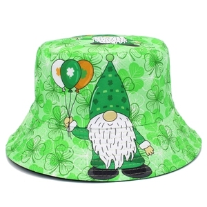 St. Patrick's Day green bucket hat with shamrock prints and Irish gnome graphic