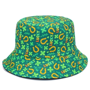 Green St. Patrick's Day bucket hat with lucky clovers and horseshoe patterns