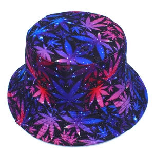 Reversible bucket hat with colorful galaxy weed leaf print on black fabric