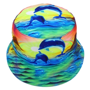 Top view of bucket hat with vibrant digital dolphin print and colorful ocean sunset design