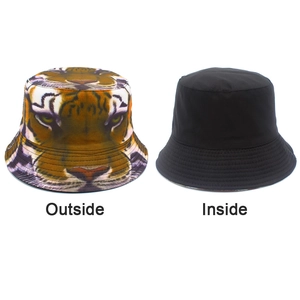Detail of reversible bucket hat showing tiger print outside and solid black inside