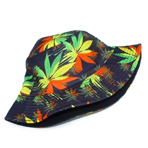 Double-sided bucket hat with colorful maple leaf print for outdoor sun protection