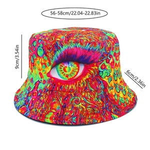 Detailed dimension chart for eye-patterned bucket hat with height and brim size info