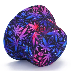 Reversible bucket hat with colorful cannabis leaf print and star pattern on galaxy background
