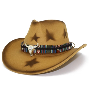 Chapeau Cowboy De L'Ouest Avec Décor Tête De Taureau En Métal Bande Ethnique Tissée Chapeau En Feutre Pour Hommes Femmes Fête Extérieur