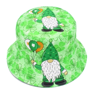 Detail of St. Patrick's Day bucket hat with green clover and gnome print patterns