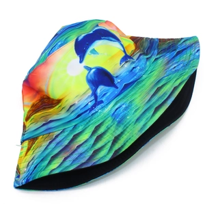 Outdoor bucket hat with vibrant ocean dolphin and sunset print for summer travel
