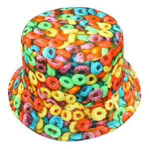 Outdoor sun protection bucket hat featuring colorful candy grain patterns on white background