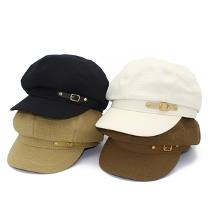 Octagonal baker boy hats in four colors with leather straps and gold buttons