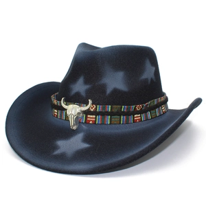 Chapeau de cowboy en feutre bleu foncé avec étoiles blanches et boucle de crâne de taureau