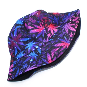 Wide brim bucket hat with colorful galaxy maple leaf print and a black inner lining