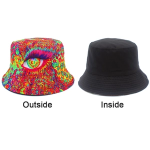 Detail of reversible bucket hat showing psychedelic eye print and plain black interior