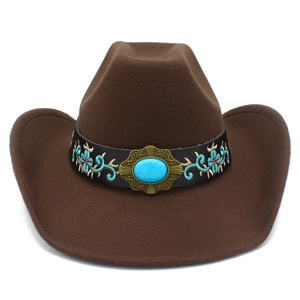 Ethnic Western Cowboy Hat With Floral Embroidery Faux Turquoise Wide Brim Felt Hat For Women Outdoor Travel Jazz Hat