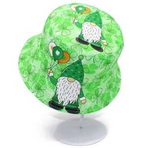 Bright green St. Patrick's Day bucket hat with gnome and shamrock prints for sun protection