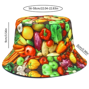 Detailed size guide of colorful vegetable print bucket hat with 56-58cm head circumference